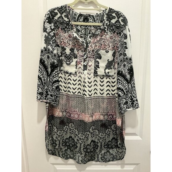 Roz And Ali Tunic Size Large Side Slits Pockets On Front White Black Pinks Flown - Picture 1 of 10